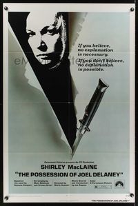 6y676 POSSESSION OF JOEL DELANEY 1sh '72 Shirley MacLaine, cool switchblade design, voodoo!