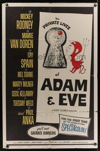 6y680 PRIVATE LIVES OF ADAM & EVE 1sh '60 wacky art of sexy Mamie Van Doren & devil Mickey Rooney!
