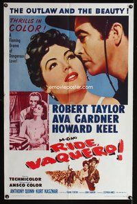 6y706 RIDE VAQUERO 1sh R62 romantic close-up of outlaw Robert Taylor & Ava Gardner!