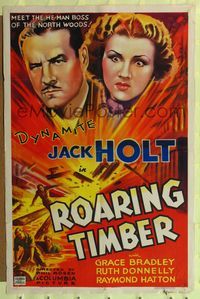6y709 ROARING TIMBER style B 1sh '37 Jack Holt, logger, he-man boss of the north woods!