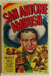 6y723 SAN ANTONE AMBUSH 1sh '49 great close up artwork of Texas cowboy Monte Hale!