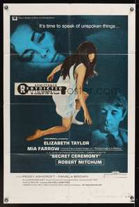 6y740 SECRET CEREMONY 1sh '68 Elizabeth Taylor, Mia Farrow, Robert Mitchum, Joseph Losey directed!