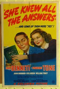 6y764 SHE KNEW ALL THE ANSWERS 1sh '41 Franchot Tone, Joan Bennett knew all the answers!