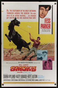 6y789 SMOKY 1sh '66 Diana Hyland, art of Fess Parker taming wild outlaw mustang!