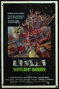 6y803 SOYLENT GREEN 1sh '73 art of Charlton Heston trying to escape riot control by John Solie!