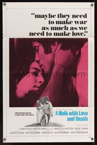 6y943 WALK WITH LOVE & DEATH int'l 1sh '69 John Huston, Anjelica Huston romantic close up!