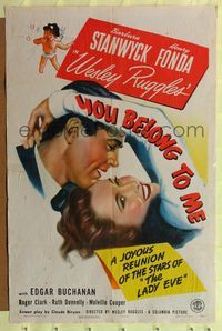 6y989 YOU BELONG TO ME style A 1sh '41 great image of Barbara Stanwyck & Henry Fonda!
