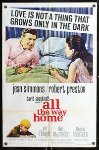 7d032 ALL THE WAY HOME 1sh '63 close up of sexy Jean Simmons & Robert Preston in bed!