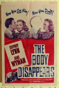 7d100 BODY DISAPPEARS 1sh '41 wacky image of Jane Wyman & invisible man Jeffrey Lynn!