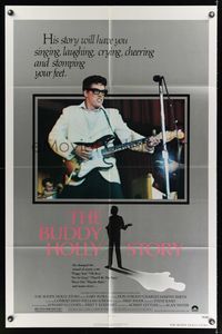 7d128 BUDDY HOLLY STORY style A 1sh '78 great image of Gary Busey performing on stage with guitar!