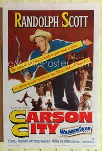 7d151 CARSON CITY 1sh '52 Randolph Scott in Nevada with a gun and a grin!