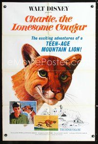 7d160 CHARLIE THE LONESOME COUGAR 1sh '67 Walt Disney, art of smiling teen-age mountain lion!