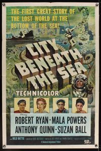 7d172 CITY BENEATH THE SEA 1sh '53 Budd Boetticher, cool art of deep sea divers by Reynold Brown!