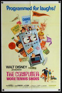 7d185 COMPUTER WORE TENNIS SHOES 1sh '69 Walt Disney, art of young Kurt Russell & wacky machine!