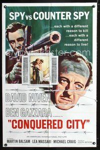 7d190 CONQUERED CITY 1sh '65 art of David Niven & Ben Gazzara, spy vs. counter spy!