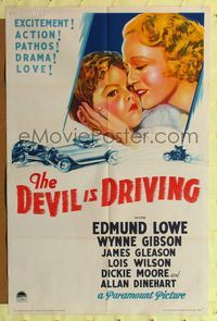 7d228 DEVIL IS DRIVING style A 1sh '32 Edmund Lowe, Wynne Gibson, cool artwork of car chase!