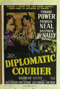 7d232 DIPLOMATIC COURIER 1sh '52 art of Patricia Neal pulling a gun on shirtless Tyrone Power!