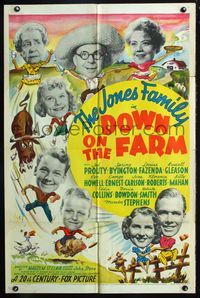 7d246 DOWN ON THE FARM 1sh '38 wacky artwork of the Jones Family in the country!