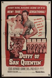 7d253 DUFFY OF SAN QUENTIN 1sh '54 Louis Hayward holds sexy nurse hostage, prison escape artwork!