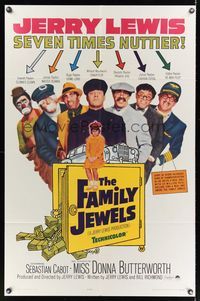 7d282 FAMILY JEWELS 1sh '65 wacky Jerry Lewis is seven times nuttier in seven roles!