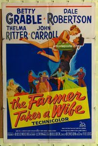 7d286 FARMER TAKES A WIFE 1sh '53 artwork of Dale Robertson holding up sexy Betty Grable!