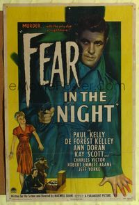7d291 FEAR IN THE NIGHT 1sh '47 cool film noir artwork of Paul Kelly with pistol!