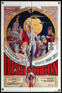 7d310 FLESH GORDON 1sh '74 sexy sci-fi spoof, wacky erotic super hero art by George Barr!