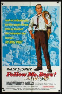 7d314 FOLLOW ME BOYS 1sh '66 Fred MacMurray leads Boy Scouts, young Kurt Russell, Walt Disney!
