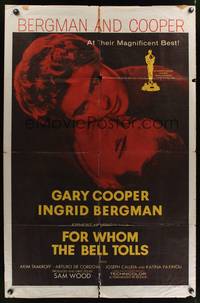 7d318 FOR WHOM THE BELL TOLLS 1sh R57 romantic c/u of Gary Cooper & Ingrid Bergman, Hemingway!