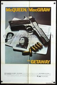 7d345 GETAWAY 1sh '72 Steve McQueen, Ali McGraw, Sam Peckinpah, cool gun image!