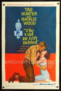7d348 GIRL HE LEFT BEHIND 1sh '56 romantic image of Tab Hunter about to kiss Natalie Wood!