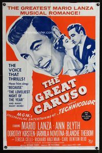 7d370 GREAT CARUSO 1sh R62 huge close up headshot of Mario Lanza & with pretty Ann Blyth!