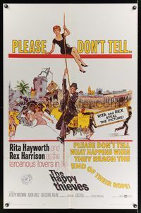7d387 HAPPY THIEVES 1sh '62 cool artwork of Rita Hayworth & Rex Harrison sliding down rope!