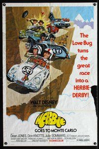 7d401 HERBIE GOES TO MONTE CARLO 1sh '77 Disney, wacky art of Volkswagen Beetle car racing!