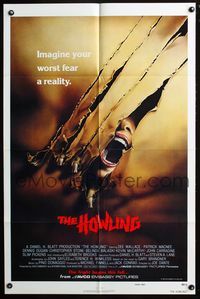 7d435 HOWLING teaser 1sh '81 Joe Dante, cool image of screaming female attacked by werewolf!