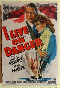 7d440 I LIVE ON DANGER style A 1sh '42 artwork of Chester Morris & Jean Parker, exploding ship!