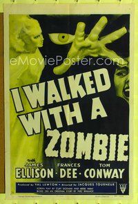 7d443 I WALKED WITH A ZOMBIE style A 1sh R52 Val Lewton, Jacques Tourneur, cool mystery artwork!
