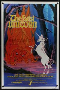 7d512 LAST UNICORN 1sh '82 cool fantasy artwork of unicorn & giant flaming bull!