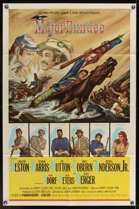 7d574 MAJOR DUNDEE 1sh '65 Sam Peckinpah, Charlton Heston, dramatic Civil War battle art!