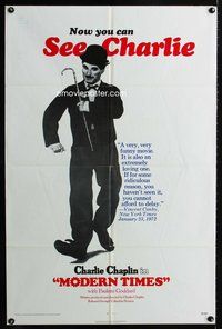 7d635 MODERN TIMES 1sh R72 classic Charlie Chaplin, great image of tramp w/cane!