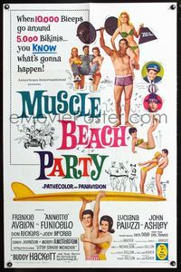 7d653 MUSCLE BEACH PARTY 1sh '64 Frankie & Annette, 10,000 biceps & 5,000 bikinis!