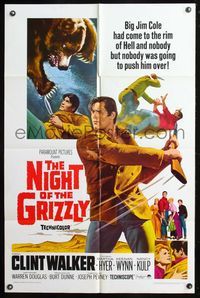 7d680 NIGHT OF THE GRIZZLY 1sh '66 big Clint Walker had come to the rim of Hell & held on!