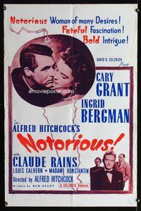 7d688 NOTORIOUS style 1 1sh R60s Cary Grant, Ingrid Bergman, fateful fascination, bold intrigue!