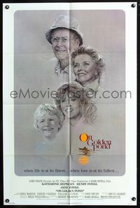 7d704 ON GOLDEN POND 1sh '81 art of Katharine Hepburn, Henry Fonda, and Jane Fonda by C.D. de Mar!