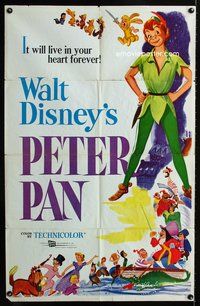 7d734 PETER PAN 1sh R58 Walt Disney animated cartoon fantasy classic, great full-length art!