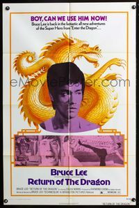 7d771 RETURN OF THE DRAGON 1sh '74 Bruce Lee classic, great image of Lee performing kick!