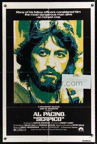 7d813 SERPICO 1sh '74 cool close up image of Al Pacino, Sidney Lumet crime classic!