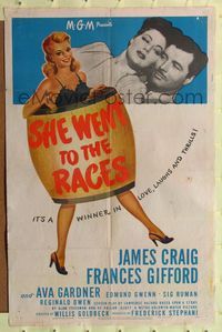 7d822 SHE WENT TO THE RACES 1sh '45 James Craig, Ava Gardner, horse race betting!