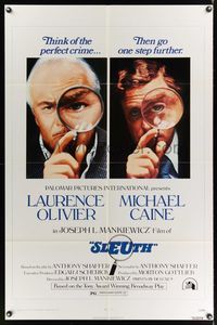 7d845 SLEUTH 1sh '72 close-ups of Laurence Olivier & Michael Caine with magnifying glasses!