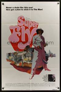 7d882 SUPER FLY 1sh '72 great artwork of Ron O'Neal with car & girl sticking it to The Man!